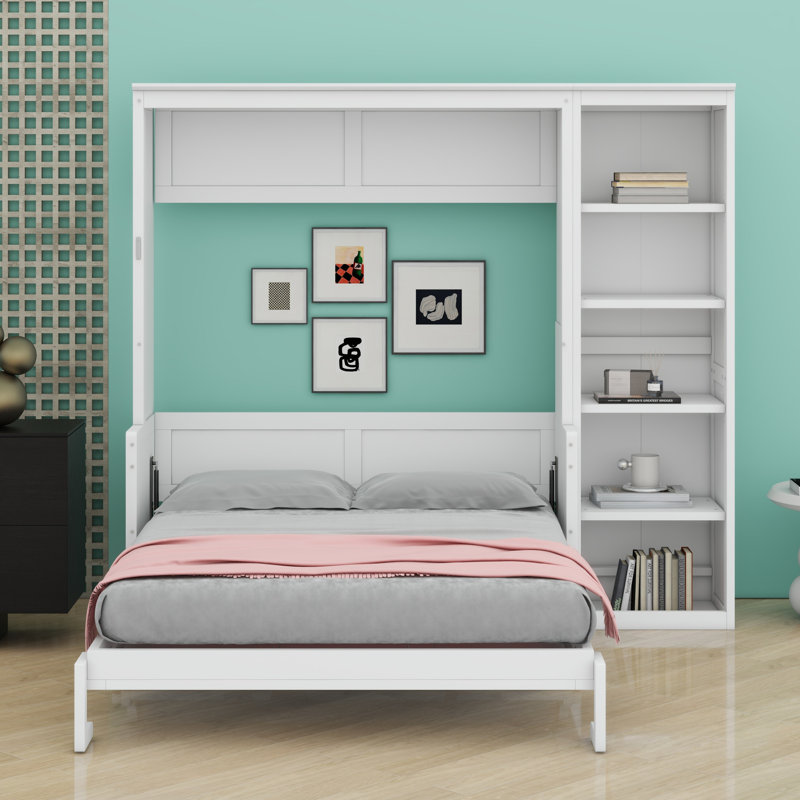 Lit escamotable avec bureau et bibliothèque Murphy, Lit double, Blanc