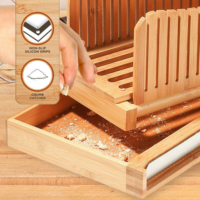 Foldable Bamboo Bread Slicer with Stainless Steel Knife and Crumb Tray