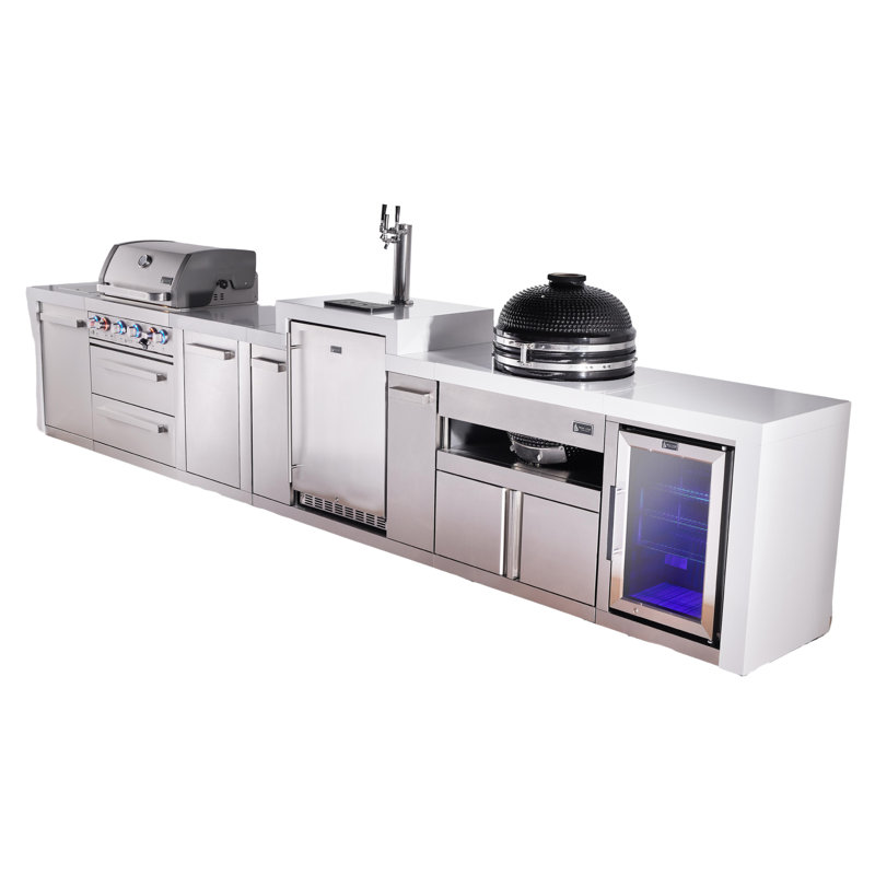 Mont Alpi Premium 4-burner 188" Deluxe Stainless Steel Island Modular Outdoor Kitchen Island Bbq Gas Grill + Infrared Side Burner + Kegerator + Refrigerator + Kamado Cart + Storage Drawers & Cabinets