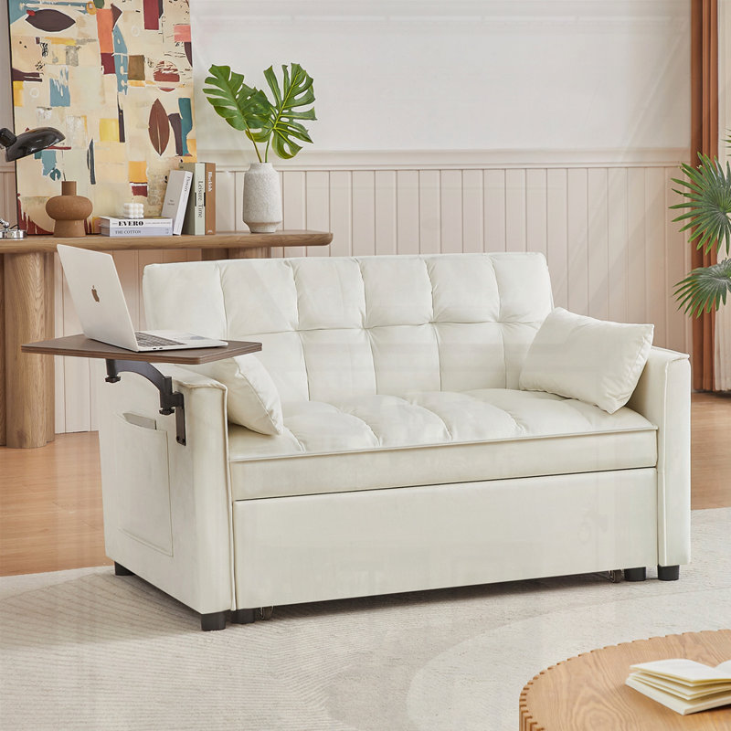 Taliesen Square Arms Loveseat, Sofa Bed, White Velvet, 31.5" H x 53.14" W x 34.64" D