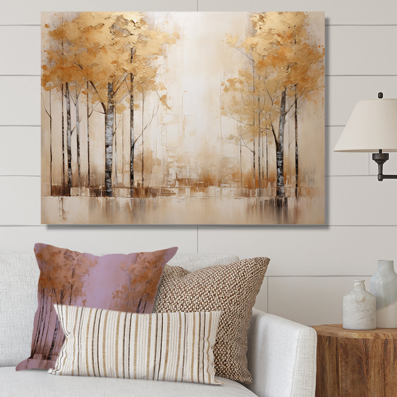 Minimalisme beige et forêt dorée sur toile, Toile tendue, H 24 po x l 32 po