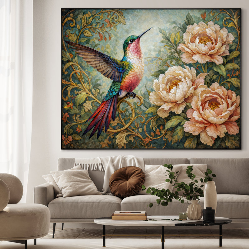 Très grand art mural imprimé sur tissu - Colibri sarcelle, jardin floral, décoration de salon bohémien - «Assemblage requis (cadre non fini)»