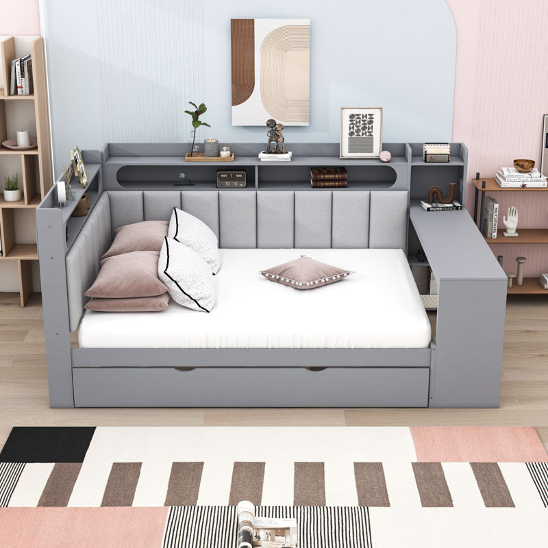 Full Wood Daybed with Trundle, LED Light, Charging Station and Desk, Gray