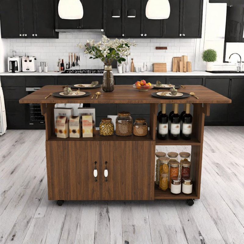 Table de chariot de cuisine pliante de 47 pouces avec tablettes de rangement, armoire et roulettes pour les petits espaces
