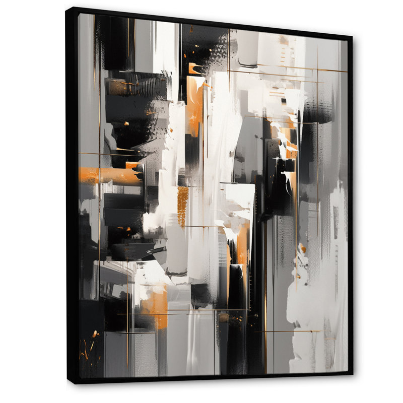 " Grey Black Multifaceted Whirls ", Black Floater Framed, 44" H x 34" W x 1.5" D