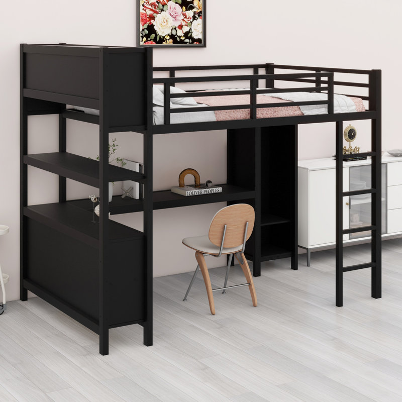 Lit mezzanine en métal avec garde-robe et bureau en L, avec cubes de rangement et tablettes, Noir