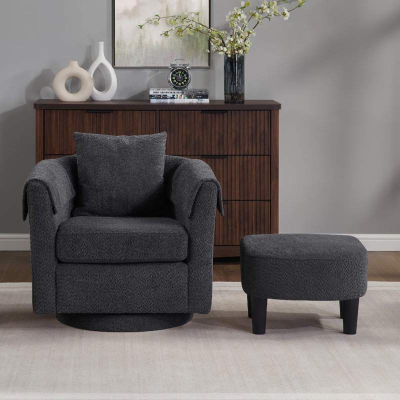 Chenille Swivel Accent Chair with Ottoman, Black