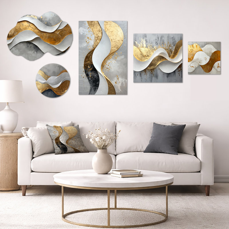 Grove of Introspection in Gold & White I – Abstract Wall Decor, 5 Piece Framed Canvas and Metal Wall Art Set (100" x 40")