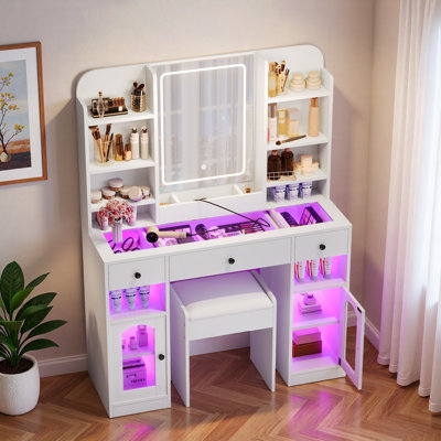 Vanity Desk With Led Mirror, Glass Top, 3 Drawers, Storage Shelves And Stool