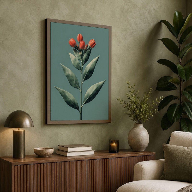 Single Stem in Coral Botanical - Wrapped Canvas, 24x16 - 61.0 x 40.6 cm, Cream Border