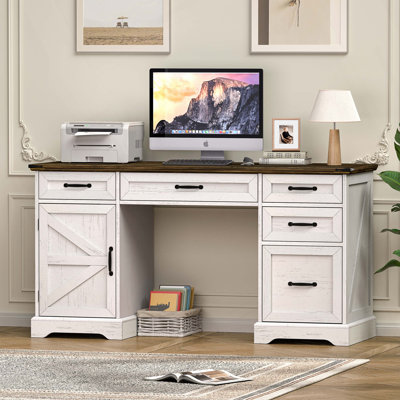 58" Farmhouse Executive Desk Modern Computer Desk with Drawers and File Cabinet Wooden Office Desk for Home Office Workspace with Storage for Working, Studying, Writing (Antique White)