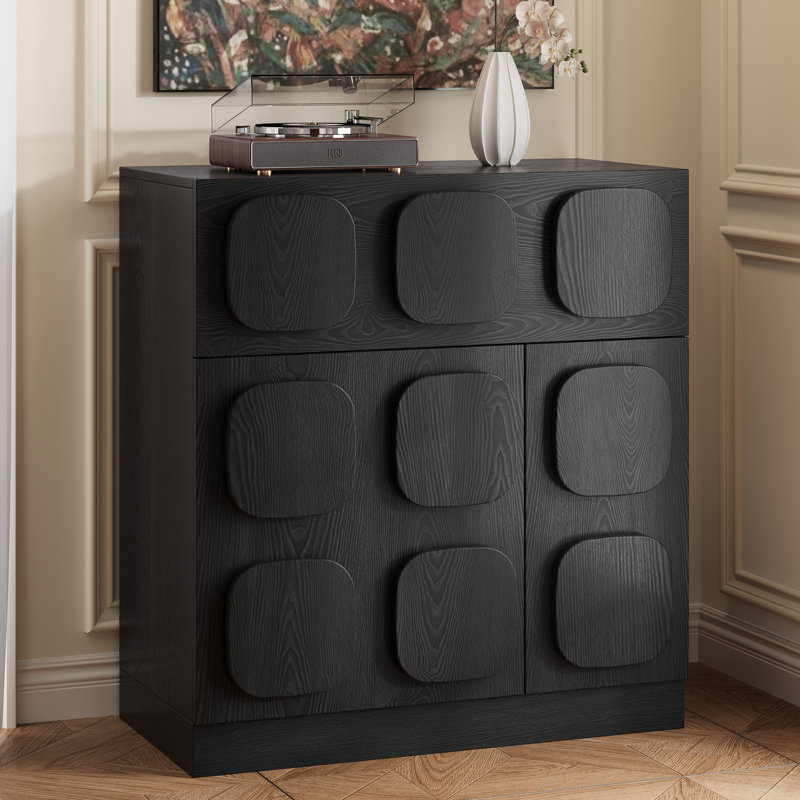 31.5"W X 34.3"H Modern Brown Wood Sideboard With Drawers And Cabinets, Black