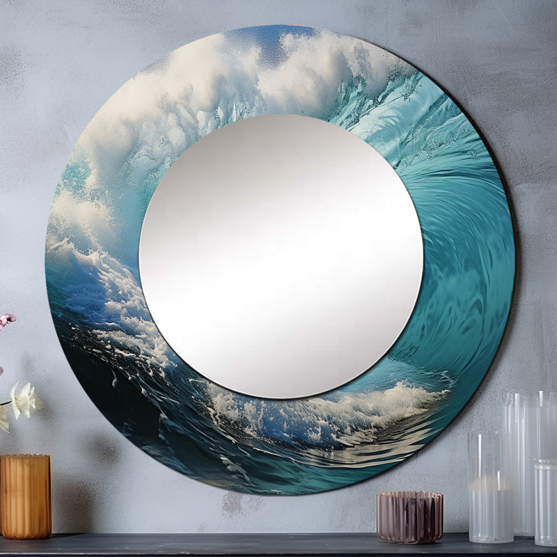 Ridit Ocean's Force Unleashed I - miroir décoratif bord de mer, miroir mural rond turquoise, impression sur métal