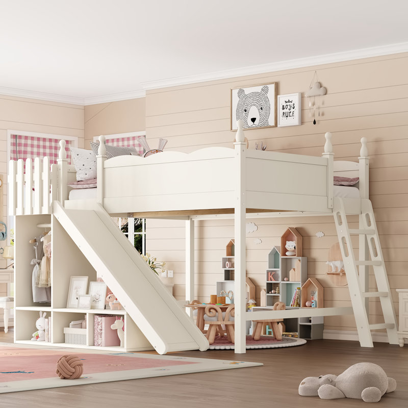 Wooden Loft Bed with Shelves, Wardrobe & Detachable Slide, Beige, Queen