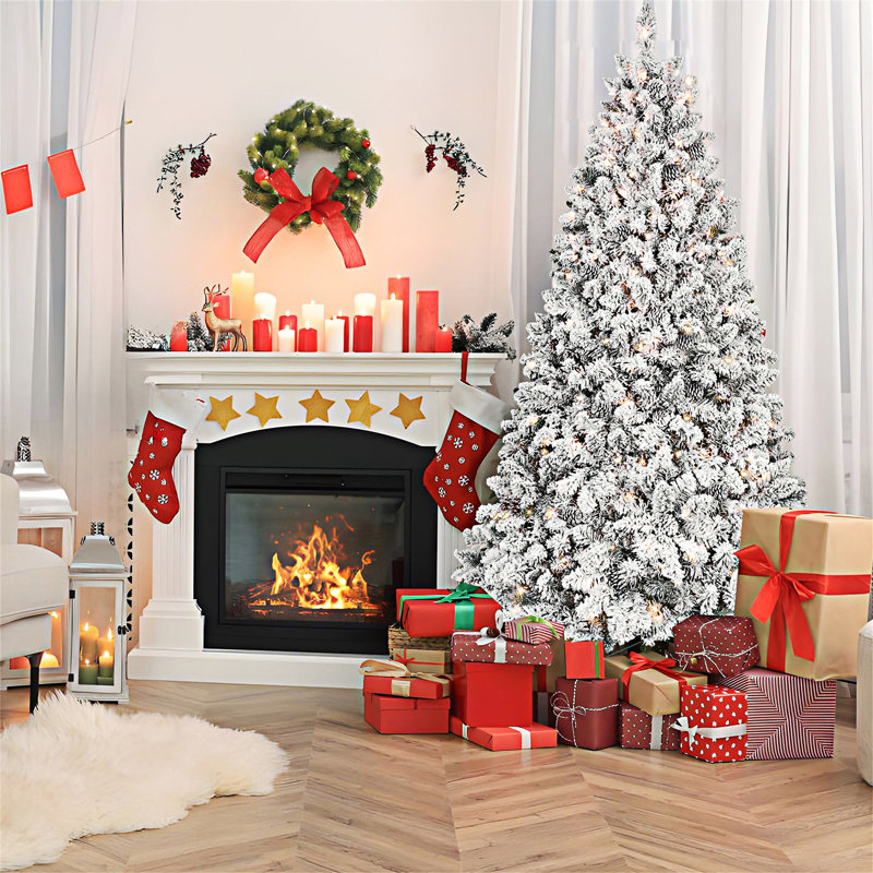 Arbre de Noël floqué avec support en métal, Blanc chaud, 7.5'