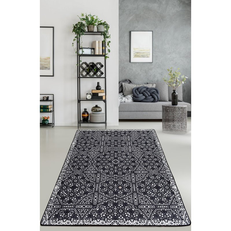 Stylish Hall Carpet, 2.6 x 9.8 ft, Black & White | 100% Polyester, 0.4 in Pile Height | Antibacterial, Non-Slip Underside, Machine Washable | Perfect for Entryways, Living Rooms & Modern Décor