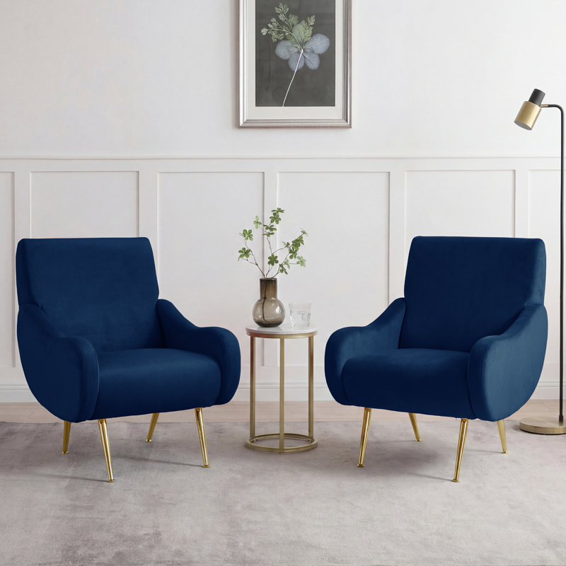 Ensemble de 2 fauteuils d'appoint rembourrés de style moderne Mid-Century de 28 po avec pieds en métal doré et argent et accoudoirs courbés pour salon, chambre à coucher et meuble-lavabo Aitana