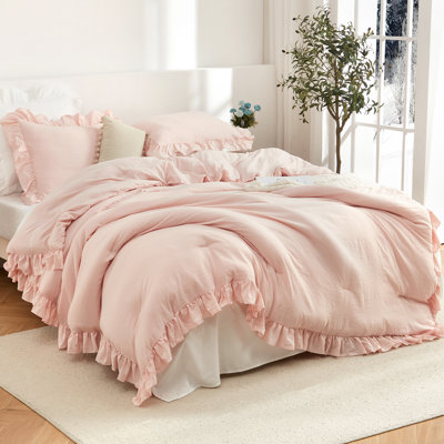 Ruffled Comforter Set Queen Size - Soft Washed Microfiber, Lightweight & Soft, All-Season Shabby Chic Farmhouse Bedding - Includes 1 Comforter & 2 Pillow Shams - Pink, (90x90in)*1, (20x26in)*2