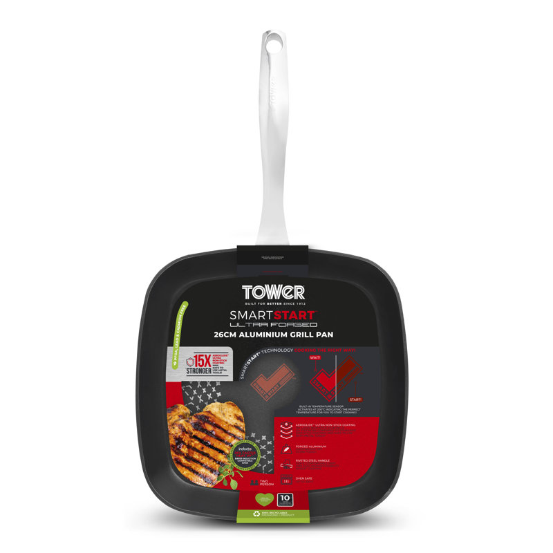 Tower T900307 SmartStart Ultra Forged 26cm Aluminium Grill Pan with Easy Clean Aeroglide Non-Stick, 15x Stronger, Induction Compatible, Oven Safe up to 220°, Long Lasting, PFOA Free