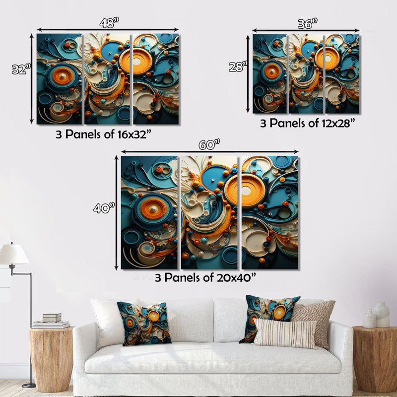 «Teal Yellow Abstract Fractal Collage Melody II», 3 impressions sur toile tendue, H 28 po x l 36 po x P 1 po