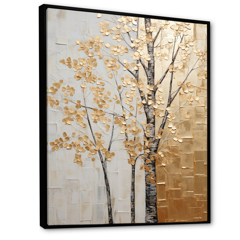 Minimalisme Golden Trees Harmony II - arbres, art mural, Cadre flottant noir, H 32 po x l 24 po x P 1 po