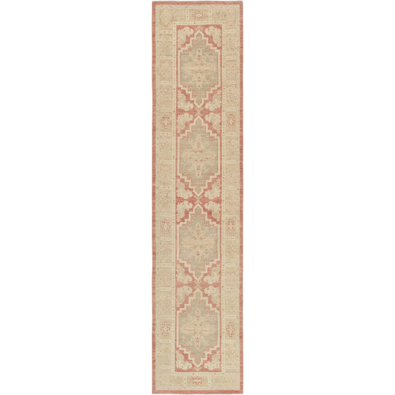 Handmade Coral and Beige Wool Runner Rug, 2'11" x 12'9"