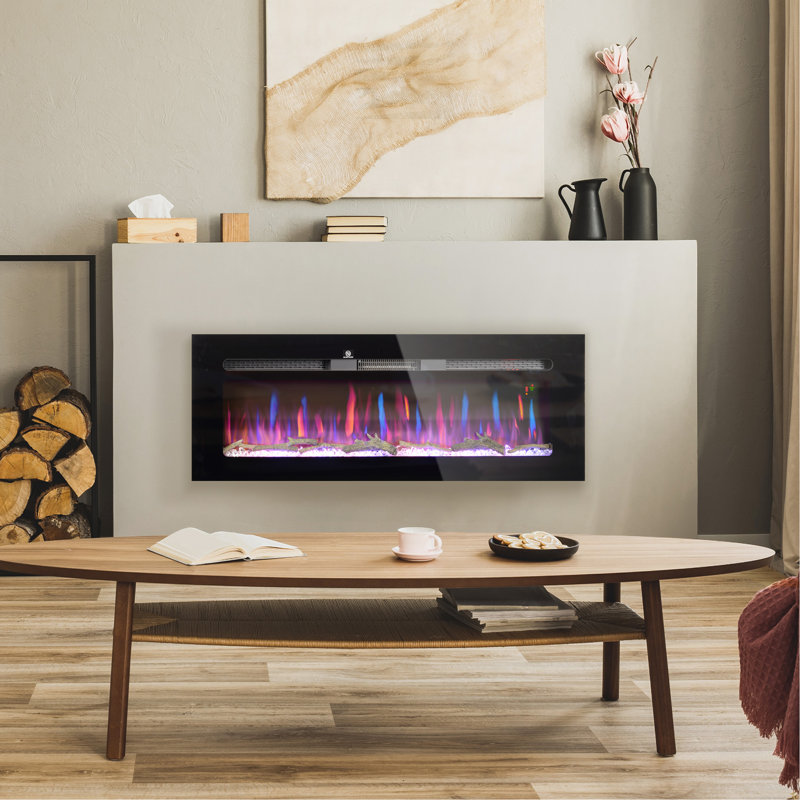 Foyer électrique de 50 po encastré et mural avec télécommande, foyer de 1500 W avec minuterie 8H, couleur et luminosité de flamme réglables, bûche et cristal