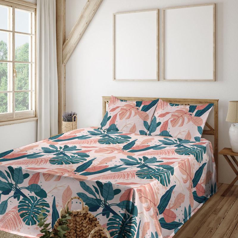 Ambesonne Watercolor Botany Sheet Set 4 Pcs Retro Boho Bloom, Coral Dark Teal Peach Floral, King Sheet Set with 2 Pillowcases
