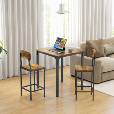 3 Piece Counter Height Bar Table and Chairs Set, Industrial Small Dining Table Set for 2, Square Kitchen Table and Stools with Steel Frame