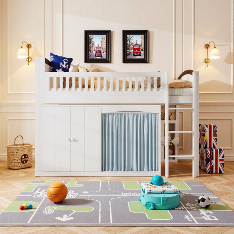 Lit mezzanine simple blanc avec lumières DEL et escalier de rangement | Lit d'enfant Playful, Blanc