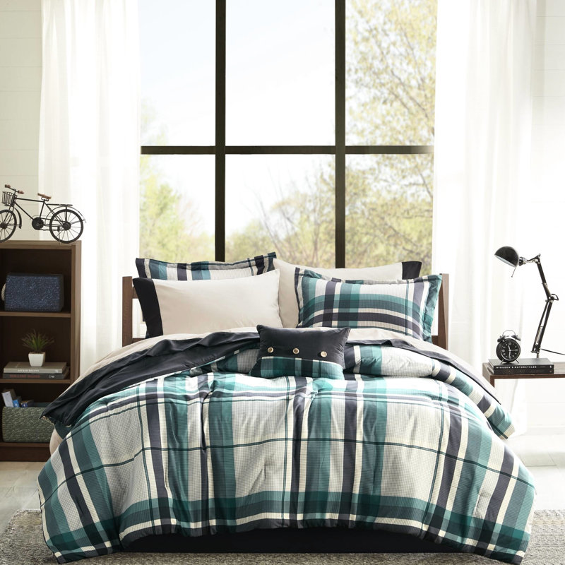 9 pièces, bleu sarcelle / noir, écossais, grand, microfibre, édredon de lit, ameublement, ensemble de draps en microfibre écossais bleu sarcelle / noir lavable à la machine et ensemble de draps