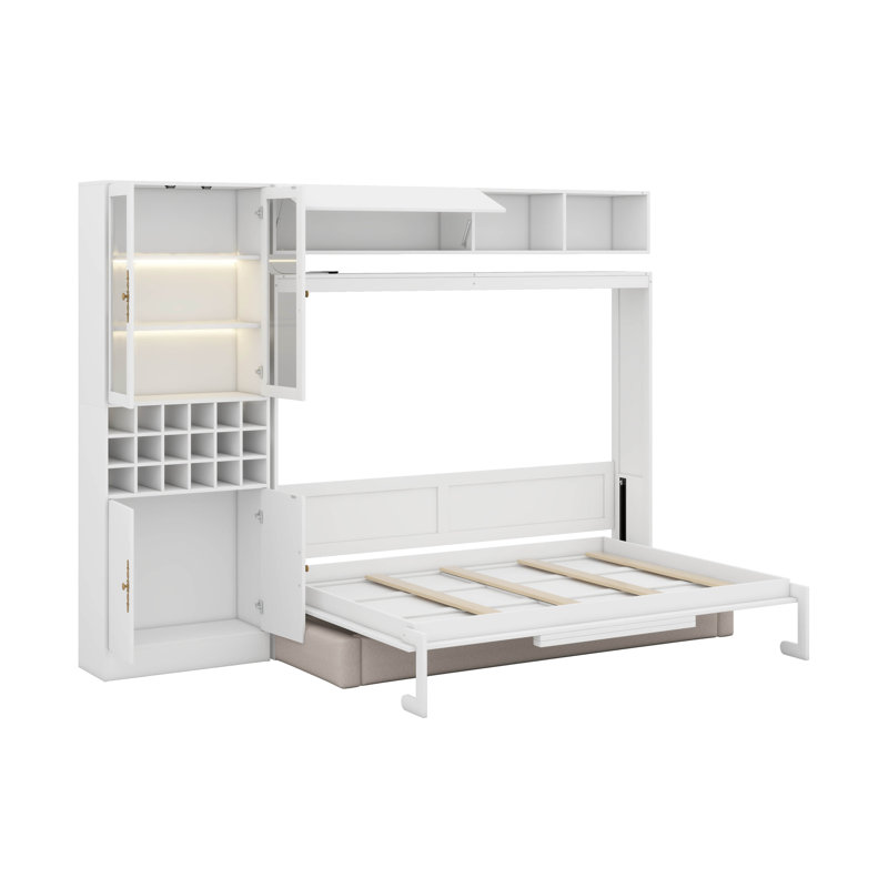 Lit escamotable double avec canapé, port USB, tablettes et lumière, Double, Blanc