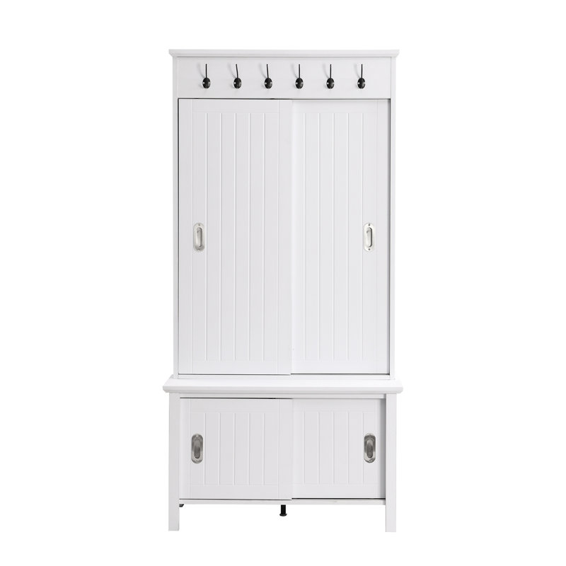 Arbre d'entrée multifonctionnel avec portes coulissantes, banc de rangement pour chaussures et tablettes, Blanc