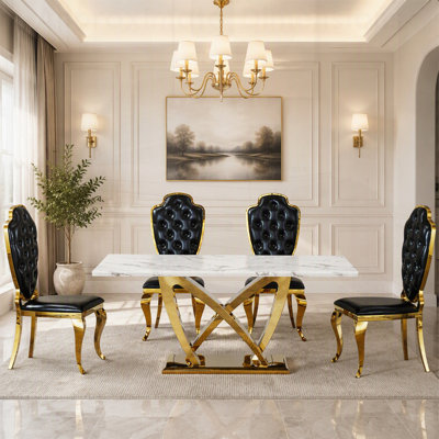 Modern Faux Marble Dining Table for 6, Rectangular with Mirrored Finish Stainless Steel Base, Elegant and Durable Kitchen Table