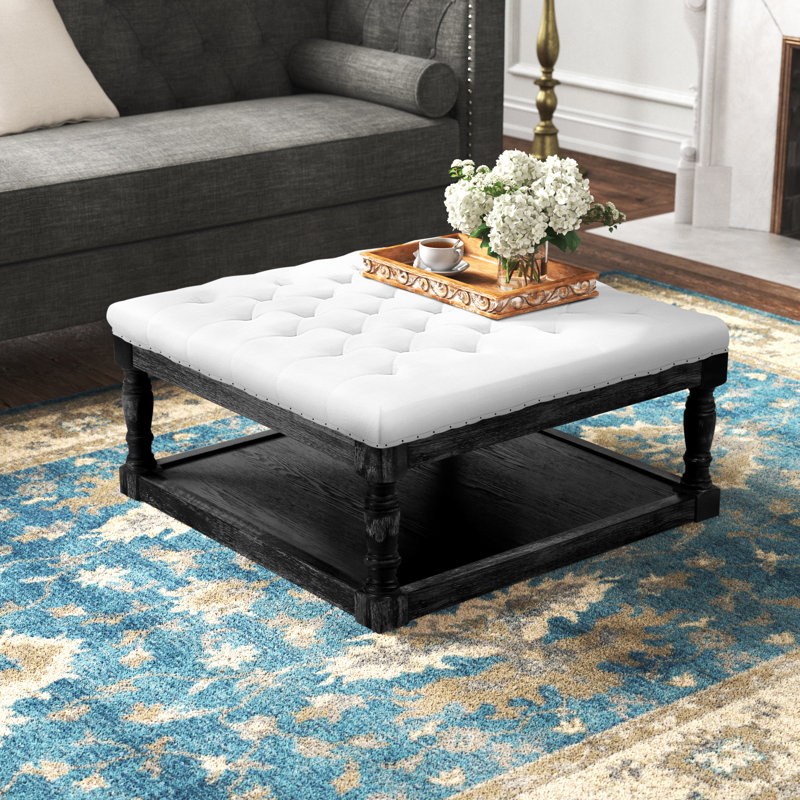Fontanet 34" Wide Tufted Square Cocktail Ottoman/Coffee Table, Green/Cream/Natural