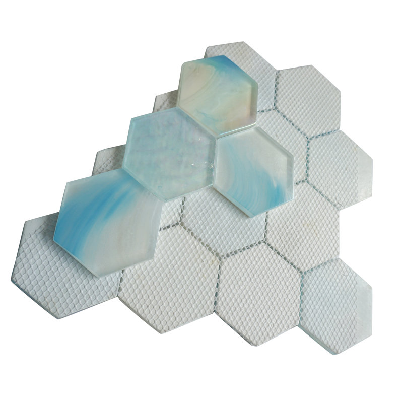 Aurora Glossy 3" x 3" Glass Hexagonal Mosaic Tile, Blue