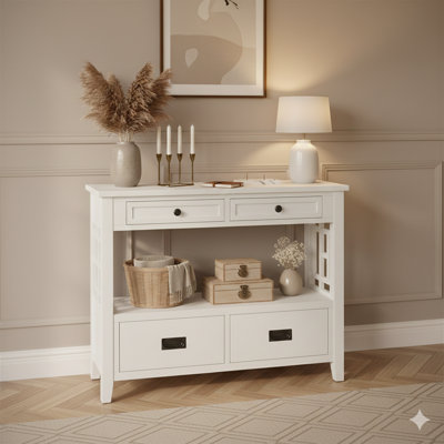 Console de ferme de 36 pouces en bois de pin, avec quatre tiroirs et une tablette de rangement. Fonctionne comme une entrée, un canapé ou une table d'appoint pour le salon, la chambre à coucher, le couloir ou la cuisine. Couleur: blanc antique.
