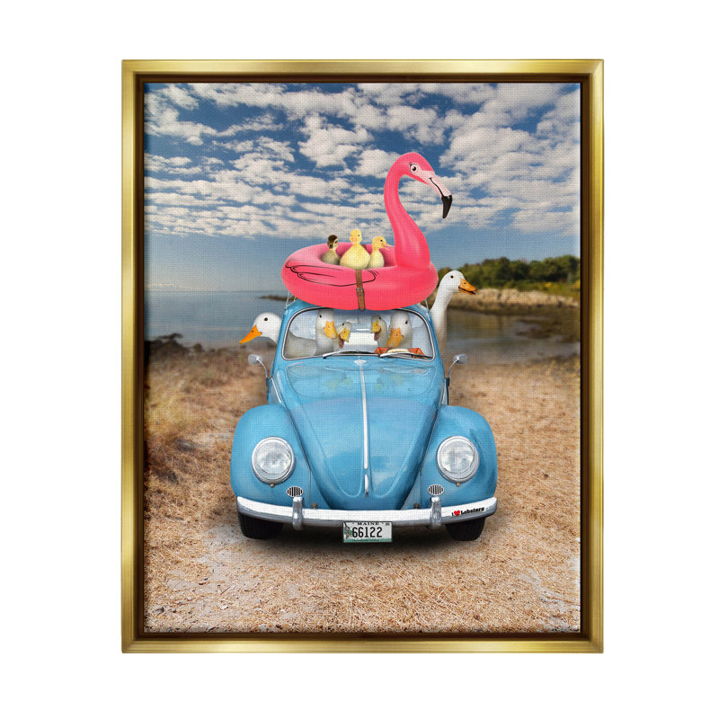 «Funny Summer Beach Holiday Geese» par John Hovenstine - peinture à cadre flottant sur toile, H 21 po x l 17 po x P 1,7 po