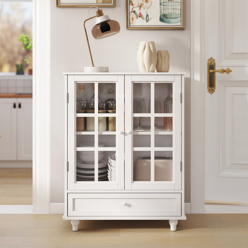 Buffet minimaliste avec double porte vitrée et tiroir, meuble de rangement moderne en bois pour le salon et la salle à manger