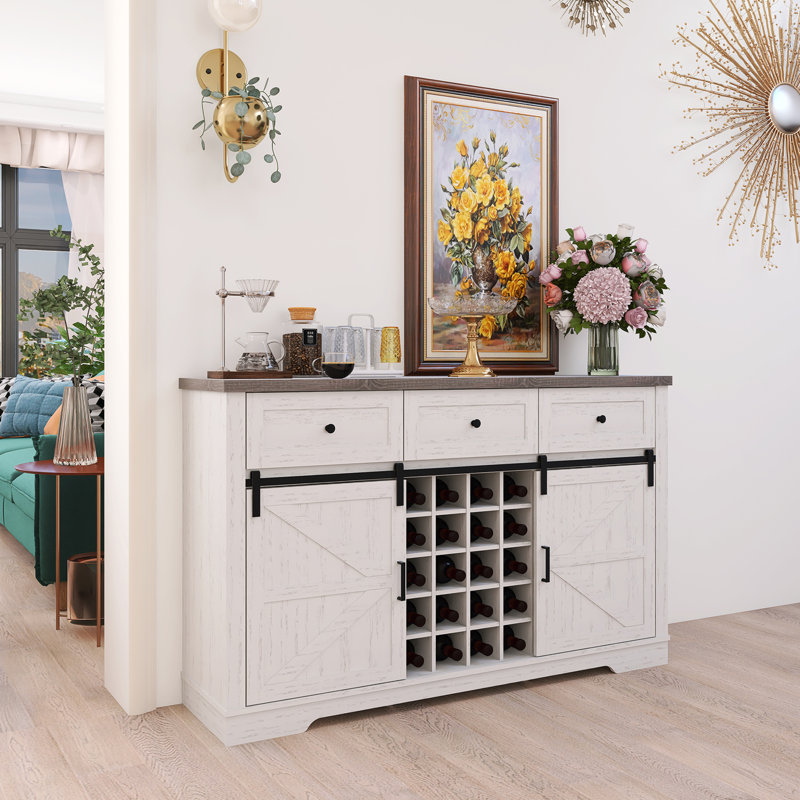 58.1" Width Farmhouse Sideboard Buffet With 3-Drawer And Wine Storage