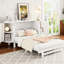 Lit double blanc avec rangement caché et touche tissée contemporaine - option d'espace pour les chambres d'invités et matelas pliables Commode avant à tiroir chic