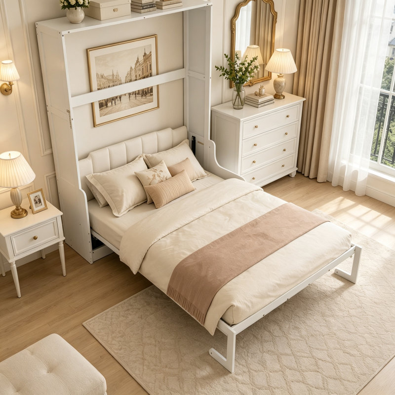 Lit escamotable Queen avec coussin intégré, Blanc