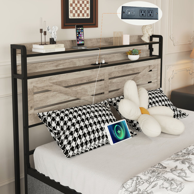 Structure de lit de taille grise avec structure en métal, 12 tiroirs pour accessoires de literie, lumières à DEL et plateforme de chargement pour chambre à coucher, tête de lit avec rangement, éclairage intégré pour articles quotidiens