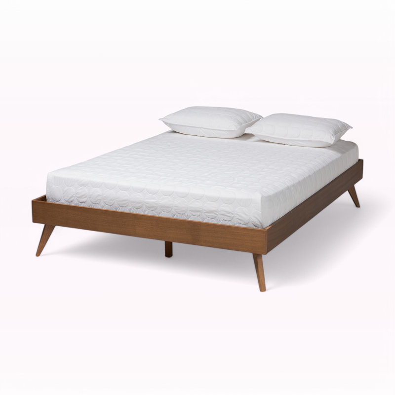 Mid-Century Modern Walnut Brown Full Platform Bed with Tufted Upholstery