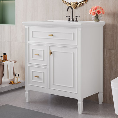 Meuble-lavabo 30 po avec lavabo, armoire en bois massif et panneau de fibres à densité moyenne avec rangement réglable et tablette réglable