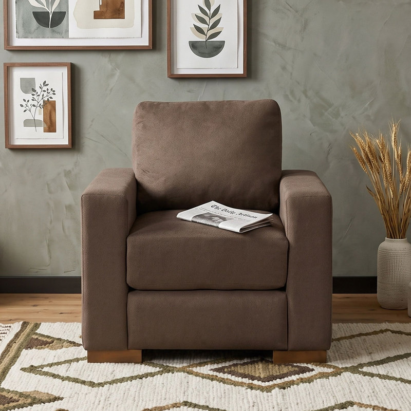 Fauteuil rembourré avec piètement en bois, Brun