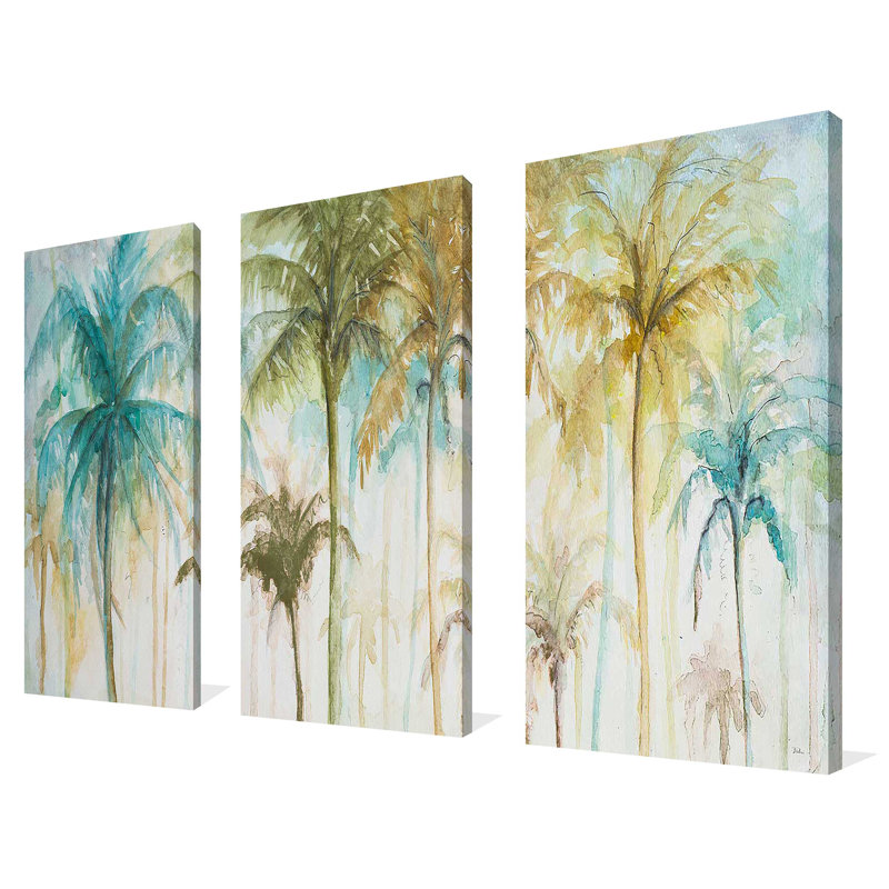 Watercolor Palms - Ensemble de 3 peintures sur toile tendue, H 32 po x l 48 po x P 0,75 po