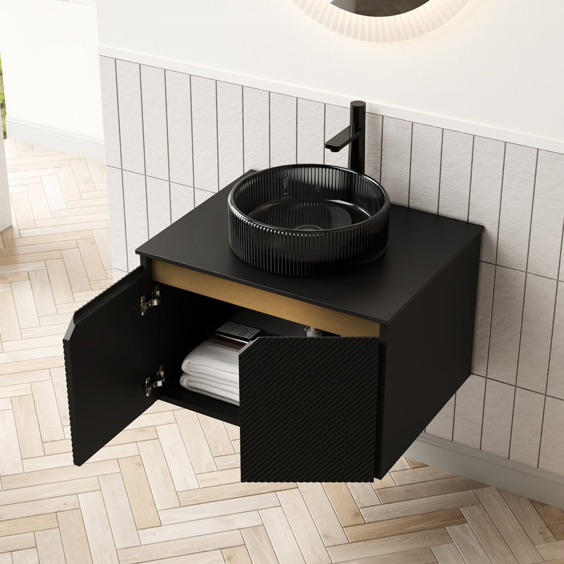 Fixé au mur, meuble-lavabo et lavabo de salle de bain 24 po, lavabo en cristal noir transparent, surface en pierre frittée, portes doubles en sergé, garniture en métal, fermeture en douceur, teinture