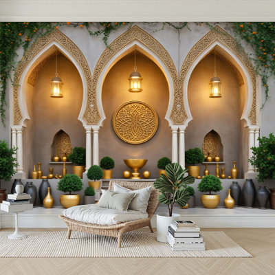Peel and Stick Wallpaper Moroccan Style Arched Wall Gold Lanterns Decorative Vases Wall Murals 100"H x 144"W Removable PVC Wall Paper Self-Adhesive Wall Decor for Bedroom Living Room Home Office