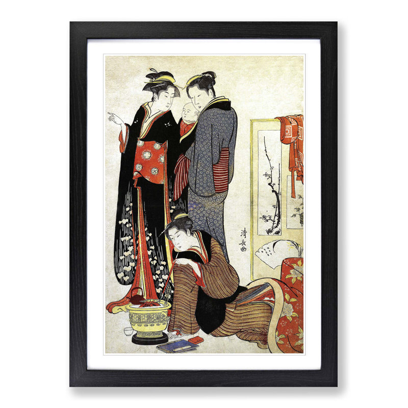 Three Women with a Child by Torii Kiyonaga - Picture Frame Painting Print, Black Framed, 48cm H x 36cm W x 2cm D